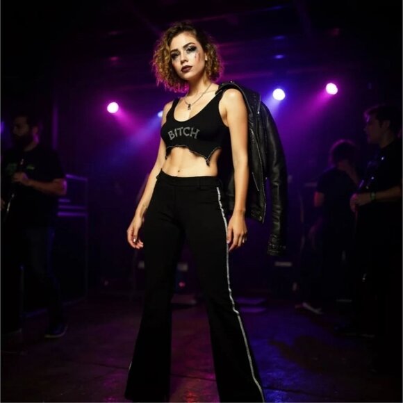 Black Icicle Gaze Flare Pants by Poster Grl – Silver Stripe Statement NWT XS - Picture 5 of 5